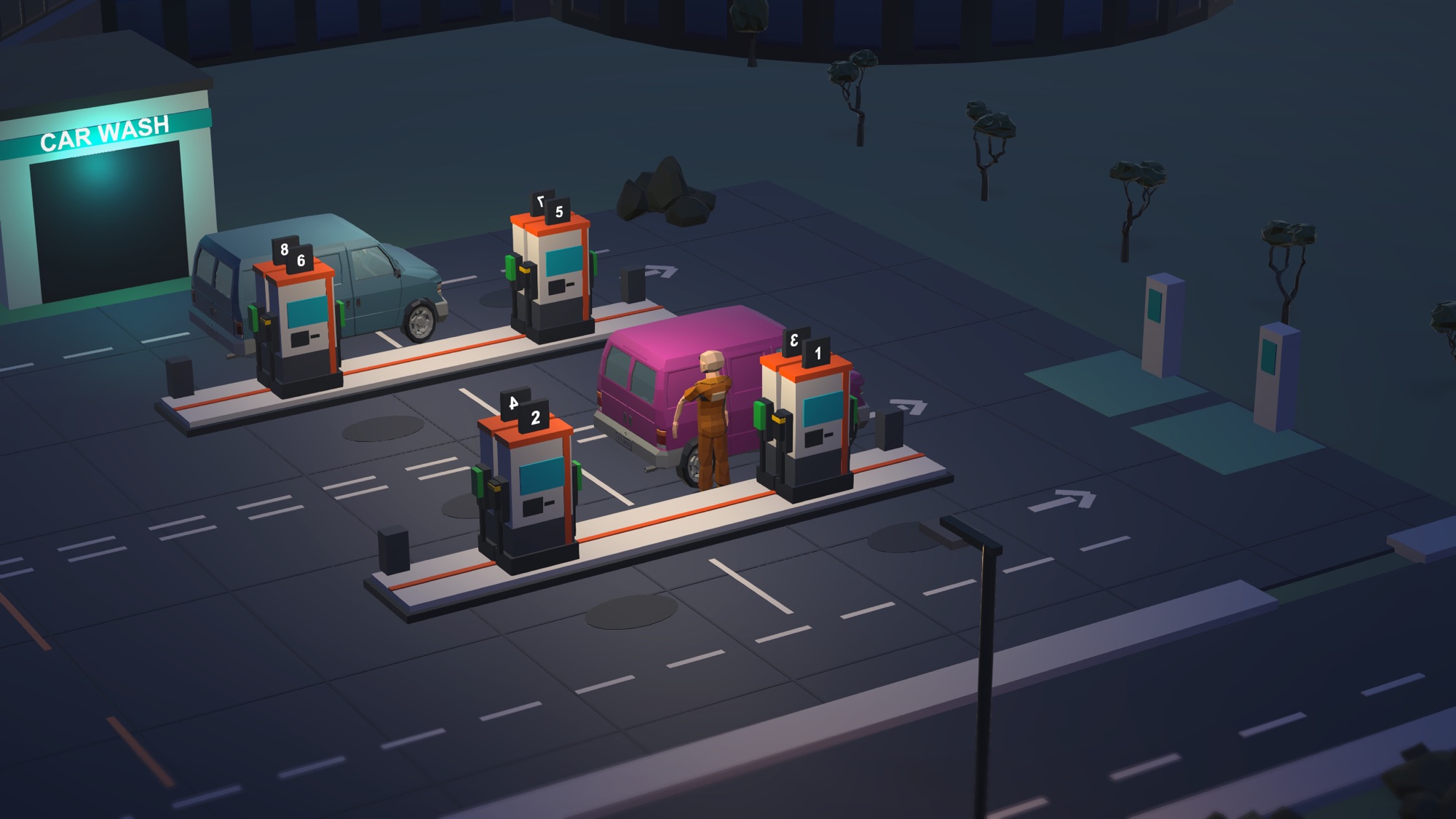 A neon-lit city gas station at night