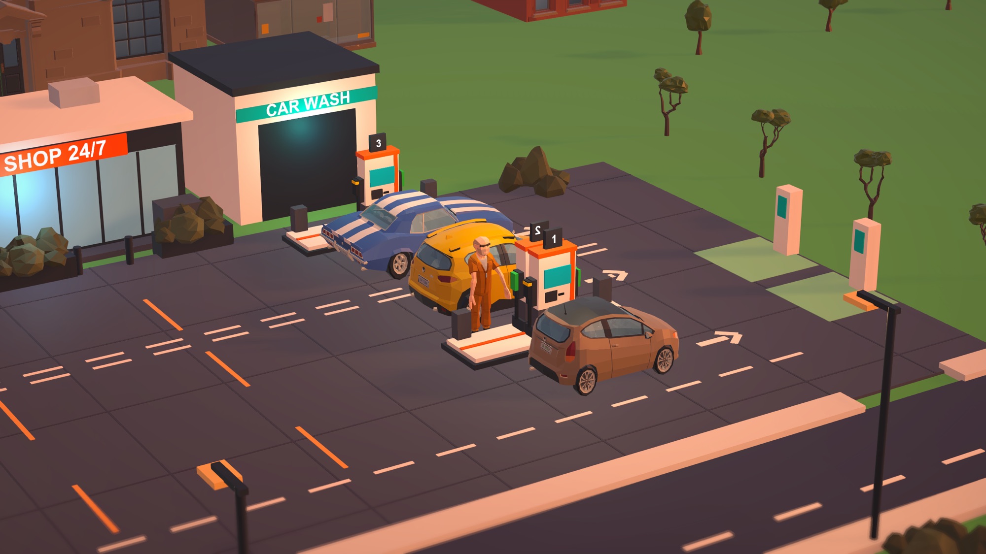 Toy cars queue at a roadside pump at sunset