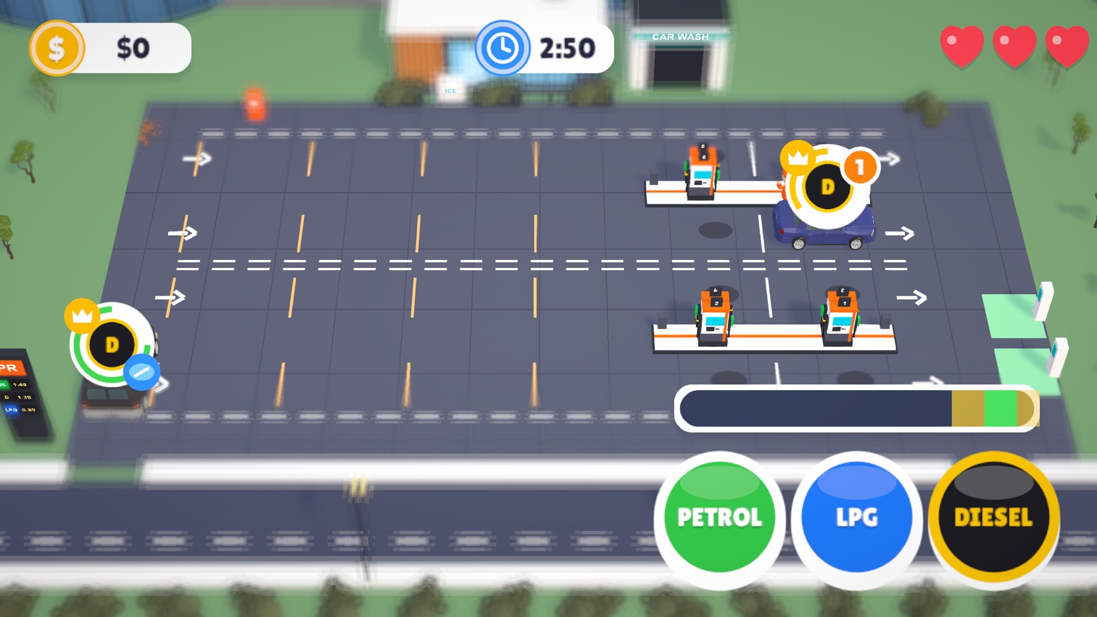 Three fuel nozzles: petrol, LPG, diesel